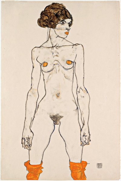 Standing Young Female Nude with Orange Coloured Stockings by Egon Schiele