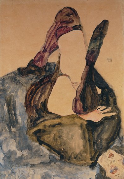 Woman with Raised Leg and Purple Stockings by Egon Schiele