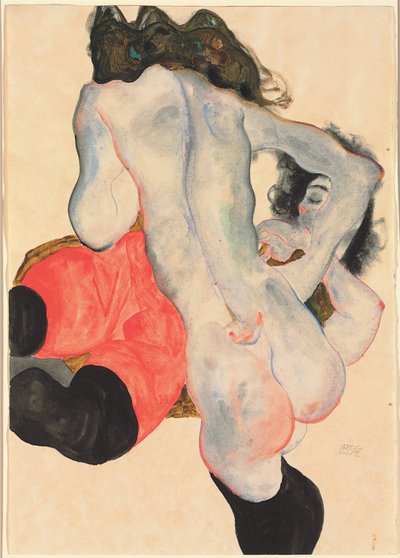 Woman with Red Pants and Standing Female Nude by Egon Schiele