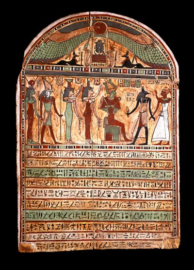 Egyptian antiquities: funerary stele of a high priest: Osiris welcomes the deceased present in Anubis, behind him the deities Isis, Nephtis (Nephtys or Neftis), Horus, Hathor. 3rd-2nd century BC. Turin, Egyptian museum by Egyptian