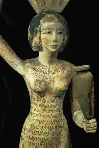 Female bearer of offerings carrying a water vase in her hand and a vessel on her head, Egyptian, Middle Kingdom, c.1950 BC (detail) by Egyptian 12th Dynasty