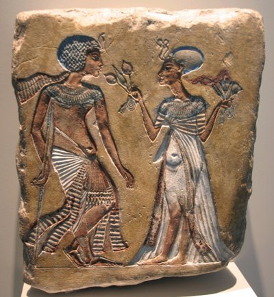 Akhenaten and Nefertiti, Relief in the Egyptian Museum in the Altes Museum Berlin by Egyptian 18th Dynasty
