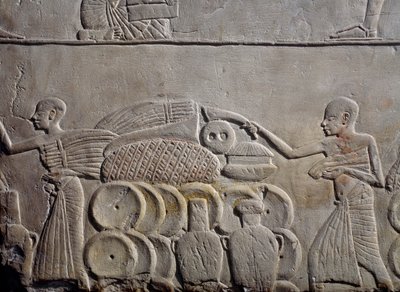 Arrangement of food in warehouses, limestone wall relief, from Memphite Tomb of Horemheb at Saqqara, New Kingdom, Dynasty XVIII by Egyptian 18th Dynasty