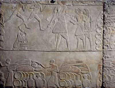 Arrangement of Food in Warehouses, Limestone Wall Relief, from Memphite Tomb of Horemheb at Saqqara, Egyptian Civilization, New Kingdom, Dynasty XVIII by Egyptian 18th Dynasty