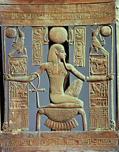 Back of a chair from the tomb of Tutankhamun depicting the spirit of millions of years, New Kingdom by Egyptian 18th Dynasty