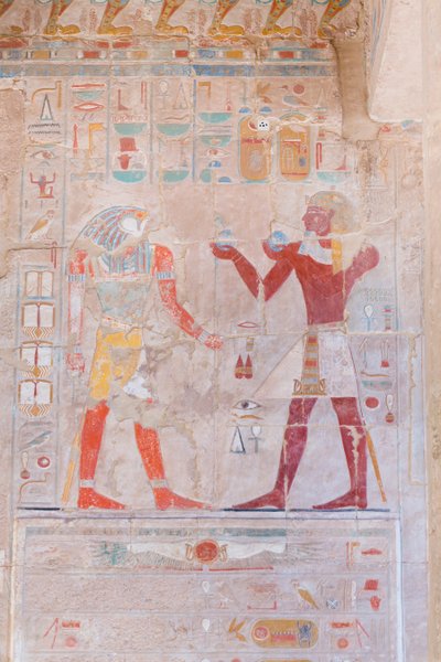 Bas Relief Picture Depicting the Pharaoh Making Offerings to the God Horus, Hatshepsut Temple of Deir Al Bahari, Luxor, Egypt by Egyptian 18th Dynasty