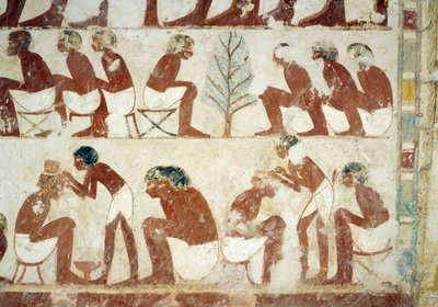 Cutting of the soldiers hair, fresco, south wall, west transverse chamber, Tomb of Userhat, tutor and scribe during the reign of Amenhotep II, also known as tomb TT56, Sheikh Abd el-Qurna, Thebes by Egyptian 18th Dynasty