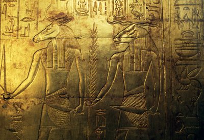Deities, Engraving of Rear Panel of Third Funeral Chapel Covered in Gold, Treasury of Tutankhamun, Egypt, Egyptian Civilization, New Kingdom, Dynasty XVIII by Egyptian 18th Dynasty
