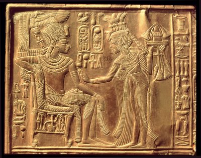 Detail from the Golden Shrine of Tutankhamun depicting the Queen anointing him with scented unguent, New Kingdom (detail) by Egyptian 18th Dynasty