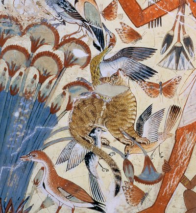 Detail of a Cat, from Nebamun Hunting in the Marshes with His Wife and Daughter, Part of a Wall Painting from the Tomb-Chapel of Nebamun, Thebes, New Kingdom, c.1350 BC by Egyptian 18th Dynasty