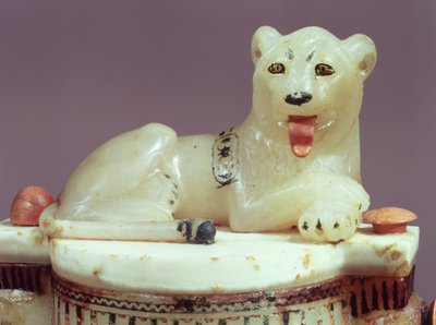 Detail of the lid of an unguent jar with a figure of the king as a lion, from the tomb of Tutankhamun (c.1370-52 BC) New Kingdom by Egyptian 18th Dynasty