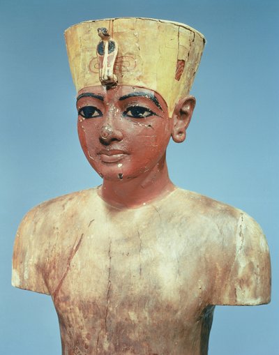 Dummy of the young Tutankhamun wearing a compromise between the crown of the kings of Lower Egypt and the headdress of Nefertiti, New Kingdom by Egyptian 18th Dynasty