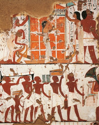 Detail of Frescoes Depicting Funeral Cortege and Widow by Catafalque of Deceased by Egyptian 18th Dynasty