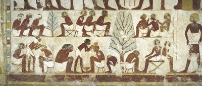 Tomb of Royal Scribe Userhat, Vestibule, Mural Paintings, Barbers at Work Under Sycamore Trees by Egyptian 18th Dynasty