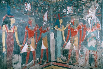 Egypt, Thebes, Luxor, Valley of the Kings, Tomb of Horemheb, Mural painting depicting Horemheb between goddess Isis and god Horus, New Kingdom, Dynasty XVIII by Egyptian 18th Dynasty