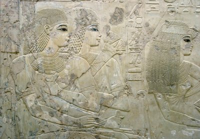 Egyptian antiquity: bas relief representing the guests of a funeral banquet - Tomb of the Vizier Ramose (18th dynasty) - Luxor, Thebes, Tomb of the Nobles Egypt - Egyptian civilization: Bas relief depicting the guests at a funeral banquet, from the Tomb of by Egyptian 18th Dynasty