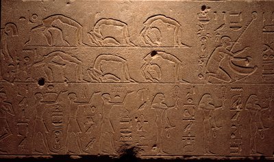 Detail of an engraved fresco depicting dancers, contortionists, and musicians, period of Queen Hatshepsut, 18th dynasty, Luxor, Egyptian Art Museum by Egyptian 18th Dynasty