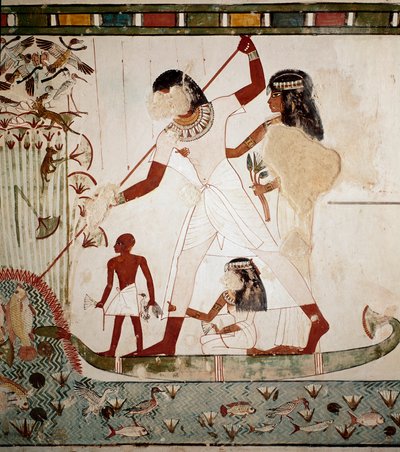 Egyptian antiquity: Fishing scene. The noble Menna depicts on a boat with his wife harpooning a fish. Fresco from the tomb of Menna from the tomb area of the nobles in Gournah, Luxor Egypt by Egyptian 18th Dynasty