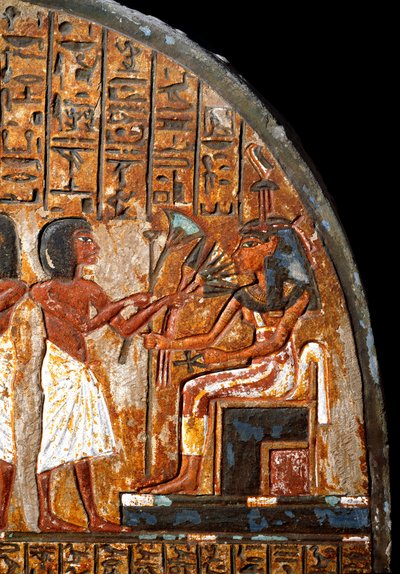 Funerary Stele of Minhotep: Detail Representing an Offering of Flowers to the Goddess Hathor by Egyptian 18th Dynasty