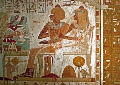 Painting Decorating the Tomb of Userhat Representing Him with His Wife Mutneferet Receiving Offerings by Egyptian 18th Dynasty