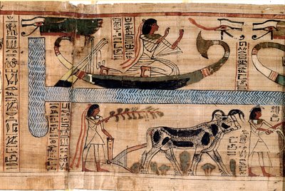 Egyptian antiquity: the name of the late Aner represents on the boat of Osiris, scene of plowing and weighing of souls (psychostasis). Papyrus from a Book of the Dead, 20th dynasty, from Thebes. Turin, Egyptian museum by Egyptian 18th Dynasty