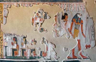 Horus guides Roy and his wife to the weighing of hearts. Fragments of fresco from the Tomb of Roy (TT255), 18th dynasty, West Bank of Luxor, Egypt by Egyptian 18th Dynasty