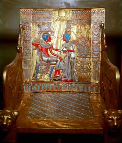 Egyptian Antiquities: A Throne in Gilded and Painted Wood of Tutankhamun. Representation of Queen Ankhesenpaaton Massaging the Shoulder of Her Brother and Husband Tutankhamun Under the Sun by Egyptian 18th Dynasty