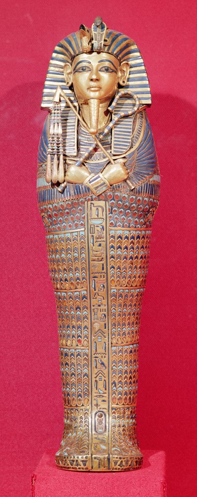 Front view of one of the canopic coffins, from the Tomb of Tutankhamun (c.1370-1352 BC) New Kingdom (beaten gold inlaid with coloured glass & cornelian) by Egyptian 18th Dynasty