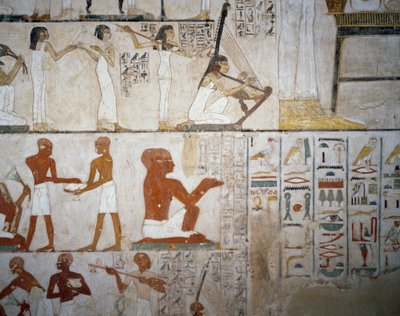 Funeral feast with female musicians, men and musicians (detail), frescoes in the Tomb of Rekhmire, Sheikh Abd el Qurnah Necropolis, Luxor, Thebes by Egyptian 18th Dynasty