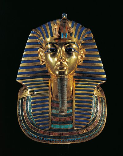Golden funerary mask of Tutankhamen inlaid with lapis lazuli, obsidian and turquoise by Egyptian 18th Dynasty