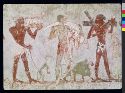 Kushites carrying tributes of gold, ivory and animal skins, from the Tomb of Rekhmire, vizier of Tuthmosis III and Amenhotep II, New Kingdom by Egyptian 18th Dynasty