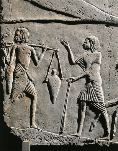 Life in a military camp: water bearer receiving orders from an officer, relief from the tomb of Horemheb at Saqqara (detail) by Egyptian 18th Dynasty
