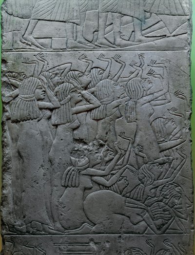 Limestone Relief Depicting Funerary Lamentation Over Pharaoh, Tomb of King Horemheb by Egyptian 18th Dynasty