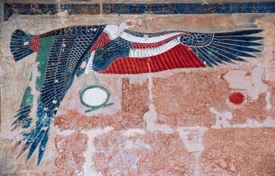 Painted relief depicting vulture of Upper Egypt, Mortuary Temple of Hatshepsut, Deir el-Bahari, Luxor, Thebes by Egyptian 18th Dynasty