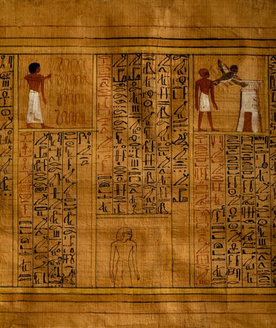 Portion of Book of Dead with Text in Vertical Columns of Hieroglyphs and Inserts Containing Polychrome Illustrations by Egyptian 18th Dynasty