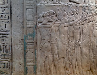 Princes of Nubia, Libya, Syria and Palestine coming to pay homage to king, bas-relief in limestone, from Memphite Tomb of Horemheb, at Saqqara, New Kingdom, Dynasty XVIII by Egyptian 18th Dynasty
