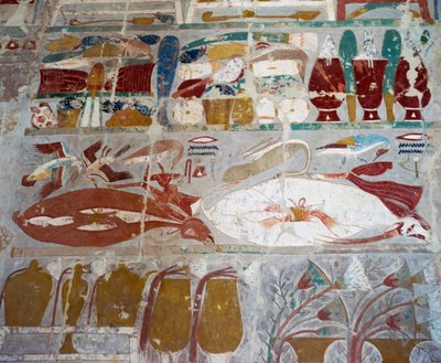 Provisions and Pottery Offered to Gods by Queen Hatshepsut, Painted Relief, Chapel of Anubis, Mortuary Temple of Queen Hatshepsut, Also Known as Djeser-Djeseru, Deir el-Bahri, Thebes. Egyptian Civilization, New Kingdom, Dynasty XVIII by Egyptian 18th Dynasty