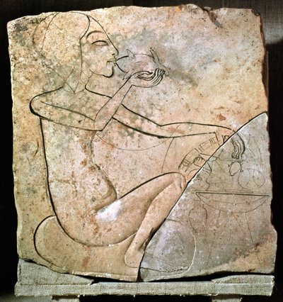 Relief Depicting a Princess Eating a Roasted Duck, from the North Palace at Tell El-Amarna, New Kingdom by Egyptian 18th Dynasty