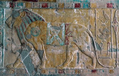 Relief depicting Hatshepsut as lion, Mortuary Temple of Hatshepsut, Deir el-Bahari, Luxor, Thebes by Egyptian 18th Dynasty