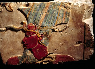 Relief representing the pharaoh Thutmosis III with Atef crown by Egyptian 18th Dynasty