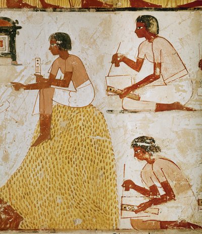 Scribes with reed pens and papyrus sheets measuring and recording the harvest by Egyptian 18th Dynasty