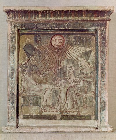 Stela Depicting the Aten Giving Life and Prosperity to Amenophis IV (Akhenaten), His Wife Nefertiti and Three of Their Daughters, from Tell el-Amarna, New Kingdom, c.1353-1337 BC by Egyptian 18th Dynasty