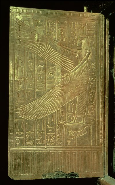 The goddess Isis from the inside of one of the double doors of the third gilded shrine, from the tomb of Tutankhamun by Egyptian 18th Dynasty