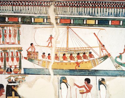 The solar ship, (detail) of the pilgrimage to Abydos, fresco, north wall, long dining room, Theban Tomb TT69, Sheikh Abd el-Qurna, Thebes by Egyptian 18th Dynasty