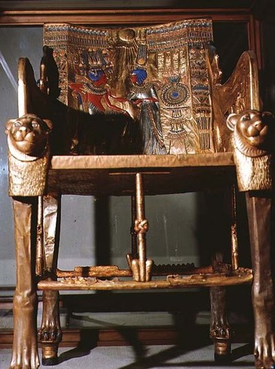 Throne of Tutankhamun, showing the King seated and the Queen offering him a vase, from the tomb of Tutankhamun in the Valley of the Kings at Thebes by Egyptian 18th Dynasty