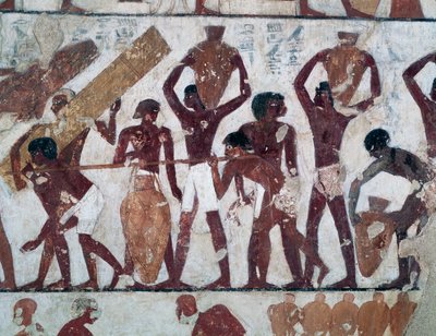 Transporting food to stock the warehouses of the Temple of Ammon, Tomb of Rekhmire, also known as Tomb TT100, Sheikh Abd el-Qurna, Theban Necropolis (Unesco World Heritage List) by Egyptian 18th Dynasty