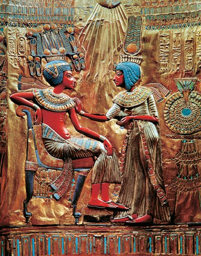 Tutankhamen and Wife Ankhesenamon Protected by Solar Disc on Throne, from Treasure of Tutankhamen by Egyptian 18th Dynasty