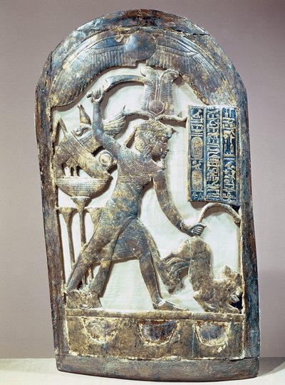 Votive shield depicting the king slaying a lion, from the tomb of Tutankhamun by Egyptian 18th Dynasty