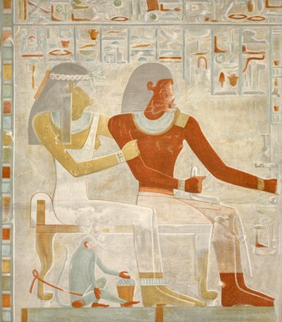 Illustration of the fresco Paheri and his wife Henut-er-neheh from the tomb of Paheri in El Kab, Egypt, image published in 1895 by Egyptian 18th Dynasty