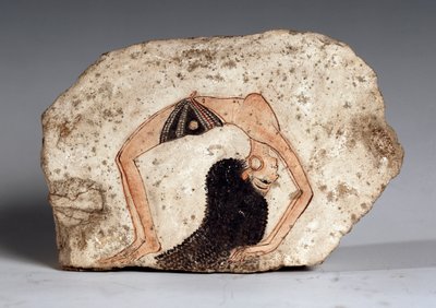 A woman acrobat dancer, Ostrakon. Limestone, circa 1295-1186 BC by Egyptian 19th Dynasty